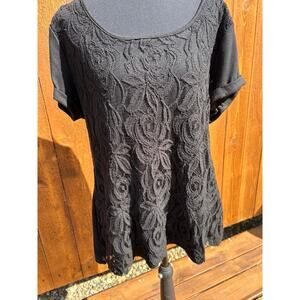 Black Floral Lace Front Top XL Boho Short Sleeve Blouse